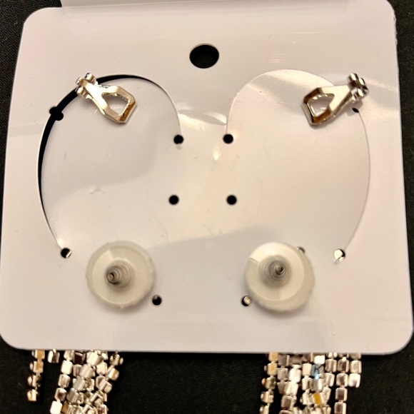 Silver Sparkling Crystal Rhinestone Runway Model Princess Dangle Earrings Cuffs - Picture 8 of 11